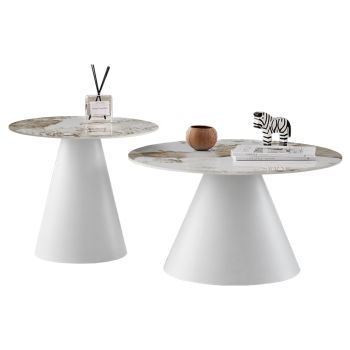 Комплект маси Ридж Φ50 и Φ70 см HM18307.01синтерован камък-бял